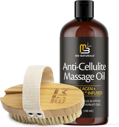 Anti Cellulite Massage Oil and Firm Dry Brush Kit | Collagen & Stem Cell Skin Tightening Kit | Radiant Body Care Kit for Women by M3