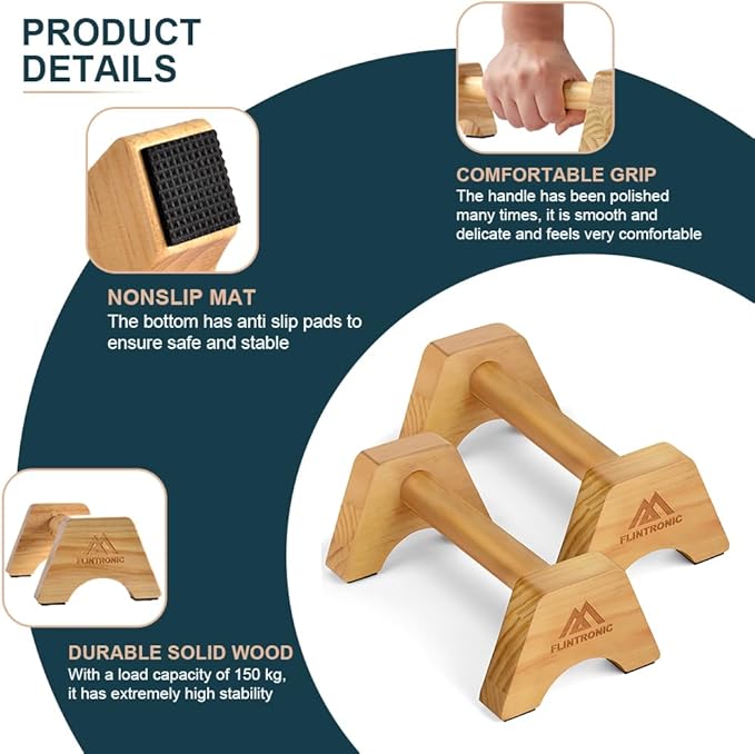 flintronic Wooden Parallettes, Fitness Push Up Bars, Solid Wood Parallettes Bars with Non-Slip Mat, Handstand Bar Push Up, Wrist Straps, for Home Workout Equipment for Strength Training, Gymnastics