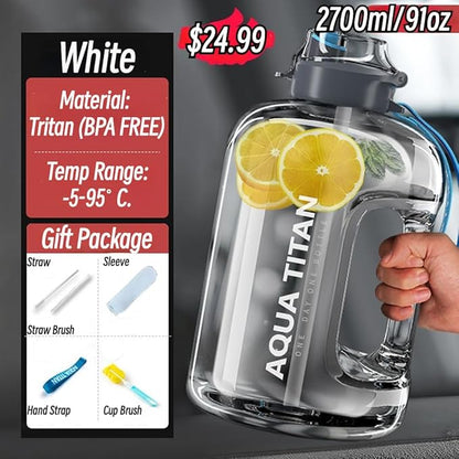 Gym Water Bottle with Straw and Time Marker (74oz-135oz) for Work, Hiking, Gym Large Capacity for Men and Women (White(Tritan+5 gifts), 91oz/2700ml)