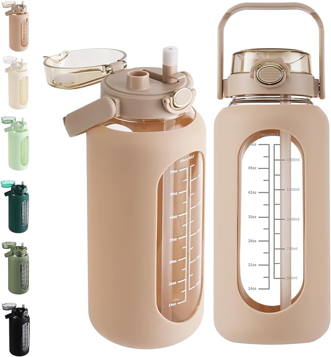 SIEROZUR 64 oz Glass Water Bottle with Straw and Handle Lid Half Gallon Motivational Glass Bottle with Silicone Sleeve and Time Marker Large Reusable Sports Water Jug for Gym Home Workout
