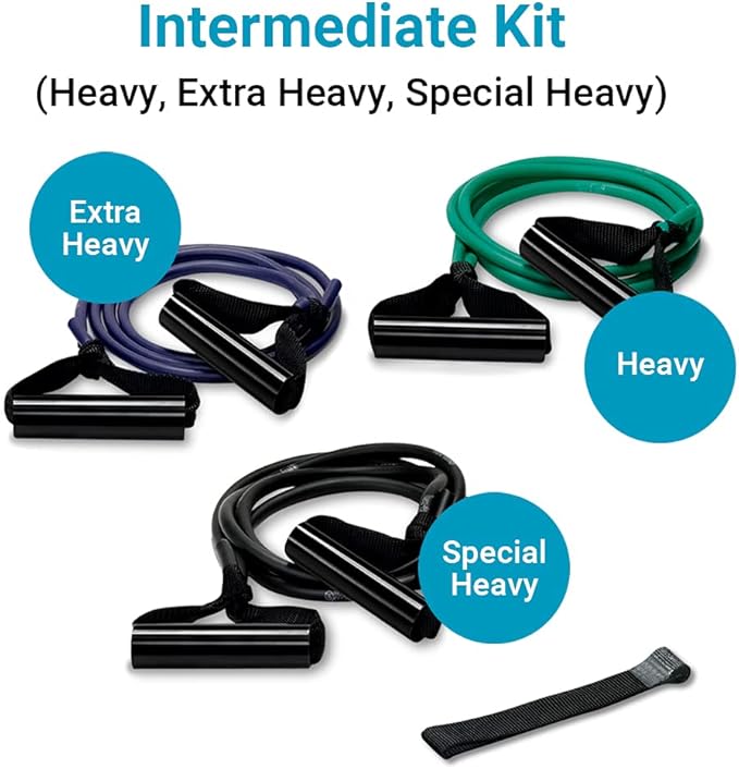 Exerband Triple Loop Exercise Intermediate Kit, 3 Unilateral Loop Tubes, 1 Web Anchor Strap with Metal Hook, and 1 Instruction Sheet - Portable Resistance Training Kit - Designed to Fit Any Standard