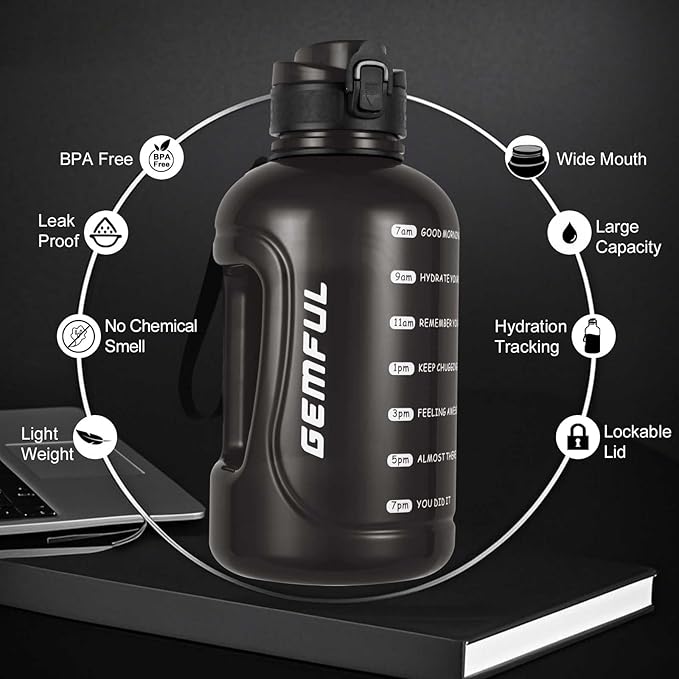 GEMFUL Water Bottle 2L with Time Marker & Handle 64oz Large Motivational Jug for Gym Workouts No Straw Leak Proof BPA Free (Black)