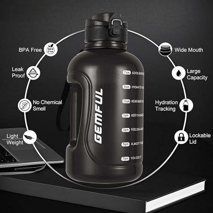 GEMFUL Water Bottle 2L with Time Marker & Handle 64oz Large Motivational Jug for Gym Workouts No Straw Leak Proof BPA Free (Black)