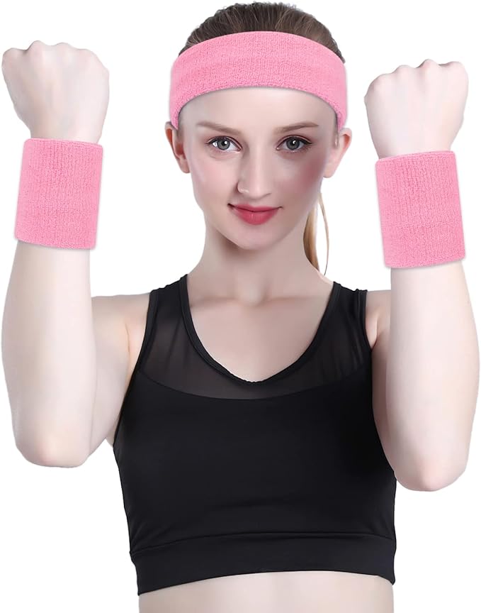 ONUPGO Sweatband Set Sports Headband Wristband Set Sweatbands Terry Cloth Wristband Wrist Sweatband Headbands Moisture Wicking Sweat Absorbing Head Band
