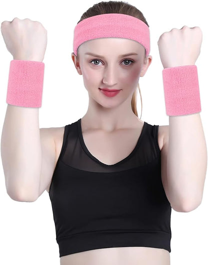 ONUPGO Sweatband Set Sports Headband Wristband Set Sweatbands Terry Cloth Wristband Wrist Sweatband Headbands Moisture Wicking Sweat Absorbing Head Band