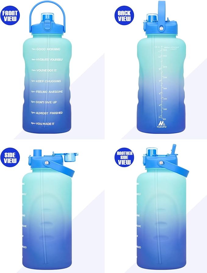 HydroPal 1 Gallon Water Bottles with Straw, 128 oz Water Bottle BPA Free Innovative 2-IN-1 Lid Gym Bottle with Times to Drink Motivational, Large for Sports Fitness Camping Water Jug （13.8X5.5 inch）