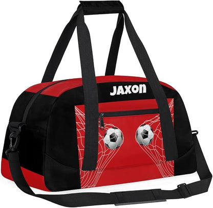 Personalized Sports Duffel Bags Name Boys, Custom Gym Weekender Overnight Sleepover Bag Waterproof Training Duffel Bag for Travel, Black Red Soccer