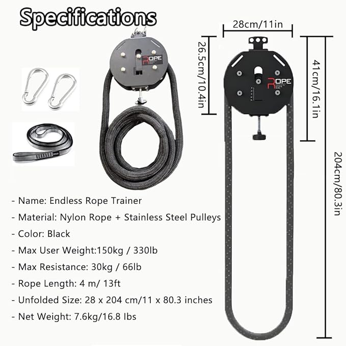 Hanging Home Gym Endless Rope Trainer,Adjustable Pulley Cable Machine with Knob Control,Pull Rope Fitness Training,330lb Load Capacity, 30kg/66Ib Max Resistance