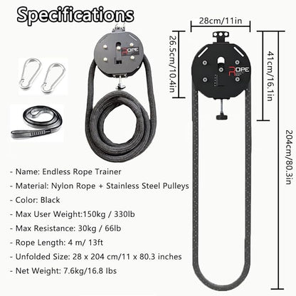Hanging Home Gym Endless Rope Trainer,Adjustable Pulley Cable Machine with Knob Control,Pull Rope Fitness Training,330lb Load Capacity, 30kg/66Ib Max Resistance