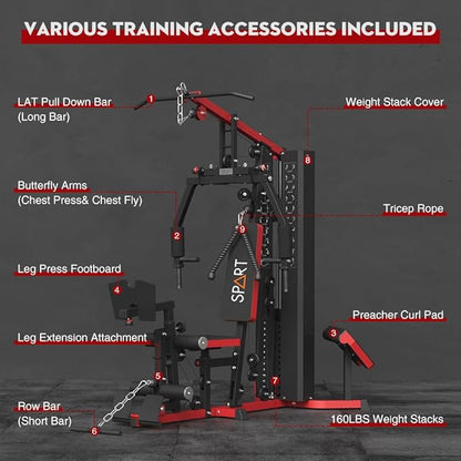 SPART Home Gym Station,Multifunctional Home Gym Workout Equipment,with 160LBS Weight Stack for Leg Press & Chest Fly, All in One Exercise Equipment Full Body Strength Training with Pulley System
