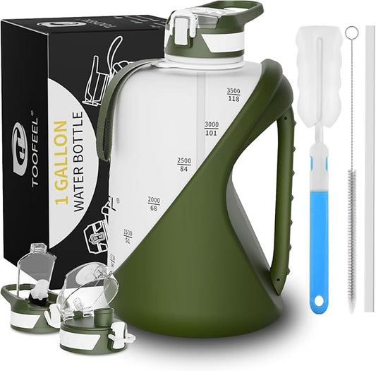 TOOFEEL 1 Gallon Water Bottle - 128 oz with Straw & Chug Lid - BPA Free, Gym & Travel Bottle - Military Green and White