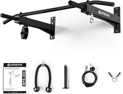 LIONSCOOL Multifunctional Wall Mounted Pull Up Bar with Pulley System, 48" and 16"/24" Multi-Grip Chin Up Bar, Cable Pulley Attachments Included, Perfect for Upper Body Workouts