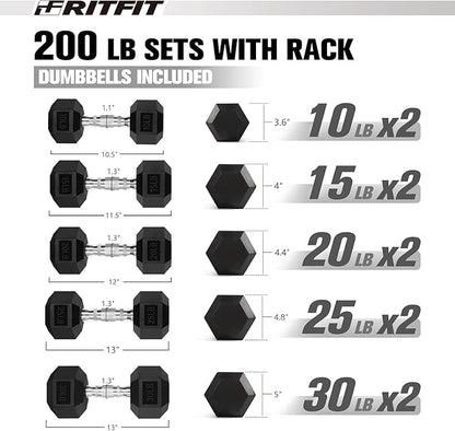 RitFit Rubber Coated Hex Dumbbell Set with Rack, 5-780LB for Home Gym Strength Training, Anti-Slip Knurled Handle, Hexagon Anti-Roll, Heavy-Duty Storage Rack