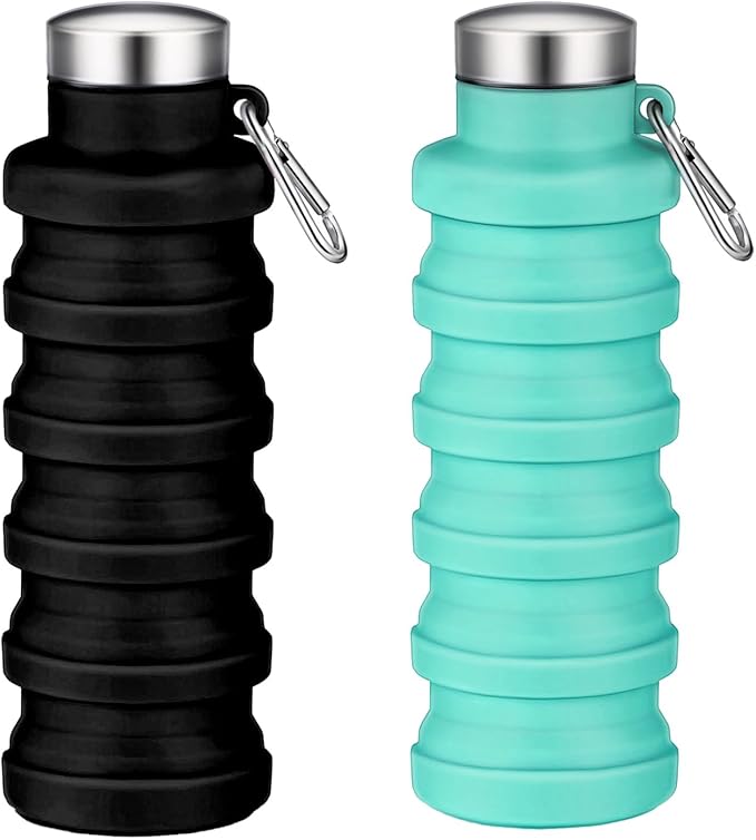 2 sets of Collapsible Water Bottles,16oz Portable Reusable Silicone Water Bottle,Leak-proof,with buckle,foldable storage,Lightweight Durable for Fitness,Cycling,Sports,Camping,Hiking (Black+Green)