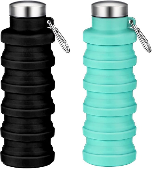 2 sets of Collapsible Water Bottles,16oz Portable Reusable Silicone Water Bottle,Leak-proof,with buckle,foldable storage,Lightweight Durable for Fitness,Cycling,Sports,Camping,Hiking (Black+Green)