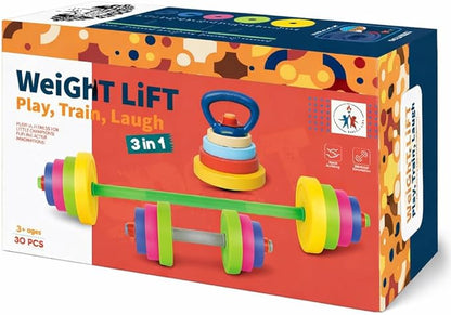 Kids Exercise Weight Set - 3-in-1 Adjustable Workout Toy Equipment for Children Pretend Play Exercise - Toddler Beginner Gym, Fitness, Weightlifting and Powerlifting (Dumbbell, Barbell, Kettlebell)
