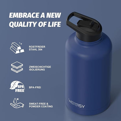 64oz Insulated Water Bottle (Cold for 48 Hrs),BPA Free&Leak Proof,Half Gallon Stainless Steel Water Flask,Water Jug with Straw Spout Lids for Gym,Hiking,Camping,Deep Blue
