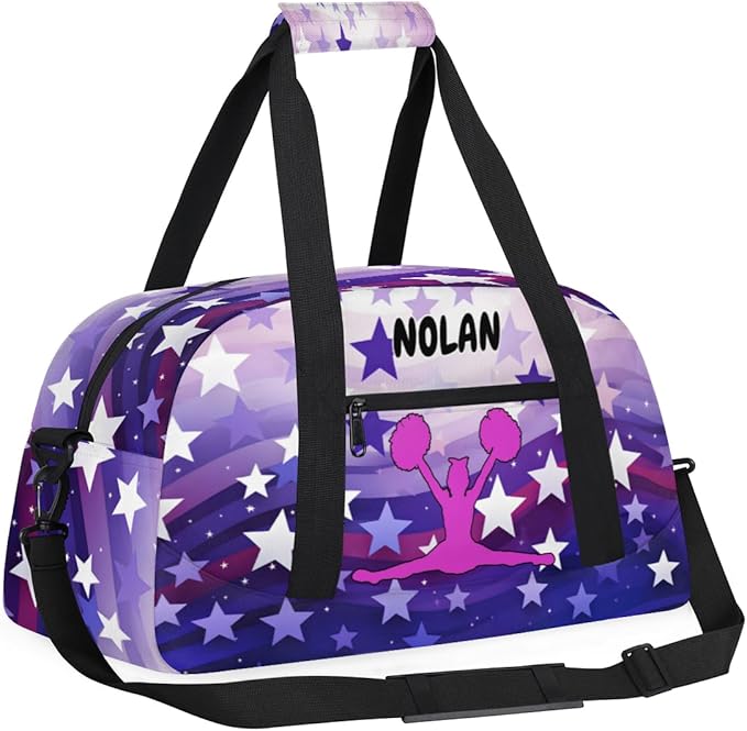 Personalized Cheerleading Bag for Girls Teens, Custom Sports Gym Bag Name Ranked Overnight Duffel Bag for Practice Gymnastics Ballet Bag, Purple Stars Cheer Girls