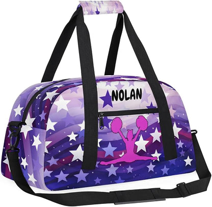 Personalized Cheerleading Bag for Girls Teens, Custom Sports Gym Bag Name Ranked Overnight Duffel Bag for Practice Gymnastics Ballet Bag, Purple Stars Cheer Girls