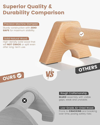 Wooden Push Up Bars for Calisthenics Equipment - Non-Slip Beech Wood Parallettes for Floor Strength Training, Handstand & Home Gym Workout - Support 550 LBS Heavy Duty Pushup Handles Stand