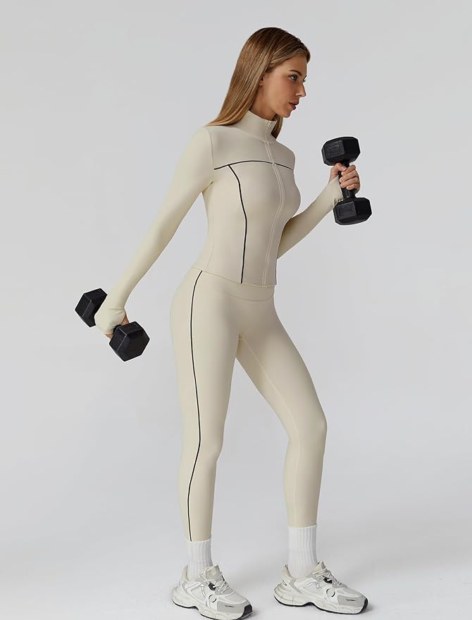 Womens workout sets Contrast Long Sleeve Jacket with Sports Bra and Butt-lifting Pants Yoga Outfits 3 Pieces Set