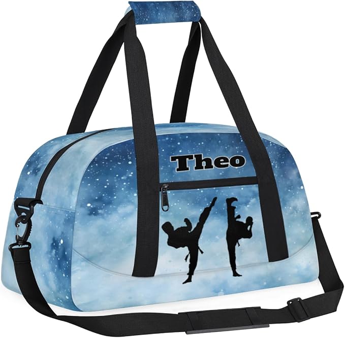 Personalized Gym Bag for Boys, Custom Sport Gym Taekwondo Silhouette Cheerleading Duffel Bag Weekender Fitness Bags Travel Duffel Bag, Watercolor Blue Starry Night