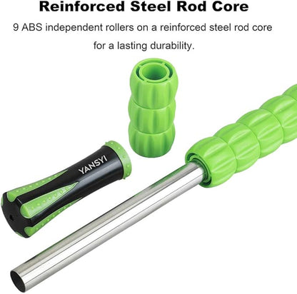 YANSYI 9-Roller Massage Stick - Deep Tissue Muscle Roller for Athletes, Relieves Post-Workout Soreness & Leg Back Pain, Portable Physical Therapy Tool (Green)