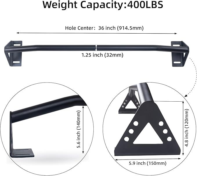 Wall Mounted Pull Up Bar Doorway, Heavy Duty Strength Training Pull-Up & Chin Up Bars for Doorframe, Support Beam or Joist Mount Thick Metal Sturdy Construction Support 500 lbs