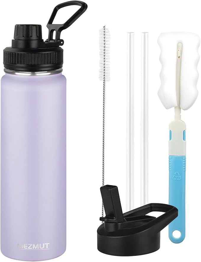 24oz Insulated Water Bottle with Straw&2 Lids, Stainless Steel Water Bottles, Sports Metal Water Bottle Cup, Double Walled Vacuum Insulated Bottles Leak-Proof Travel, Purple
