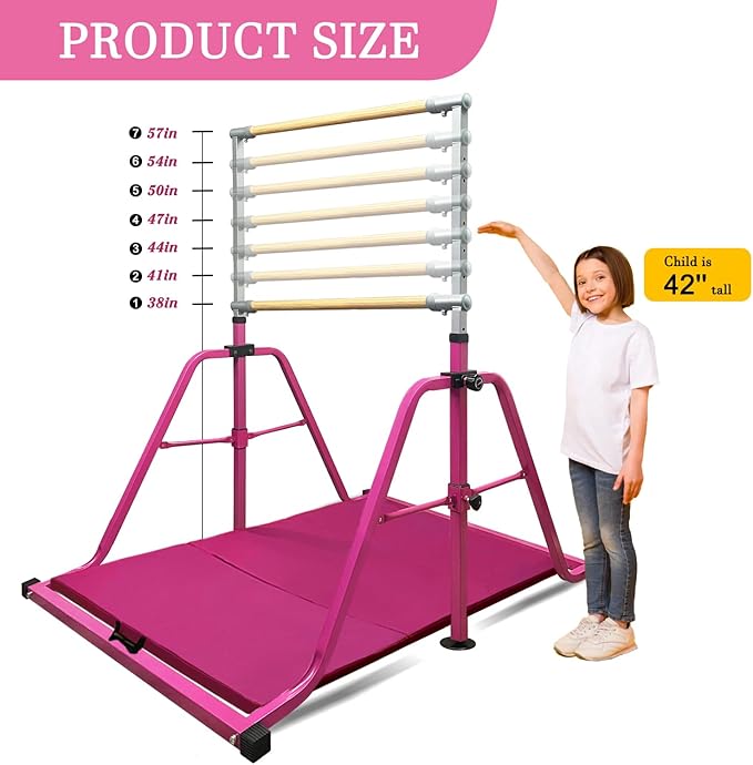 Foldable & Moveable Gymnastics Horizontal Bar with Rings,3’to 5’Adjustable Height Expandable Junior Kip Bar for Home,Indoor Gym Equipment for Kids