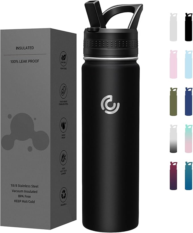 COKTIK 22oz Sports Water Bottle, Stainless Steel Water Bottle for Insulated, Reusable Travel Bottle, With Straw, With Handle Grip for Easy Carrying, Suitable for Cycling, Outdoor Vacations(Black)