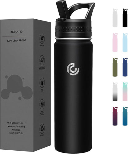 COKTIK 22oz Sports Water Bottle, Stainless Steel Water Bottle for Insulated, Reusable Travel Bottle, With Straw, With Handle Grip for Easy Carrying, Suitable for Cycling, Outdoor Vacations(Black)