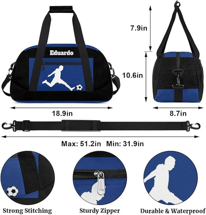 Custom Sports Gym Football Duffel Bag for Boys, Personalized Gym Bag Sports Travel Bag Tote Training Carry On Weekend Sports Travel Bag, Playing Soccer Blue and Black Background