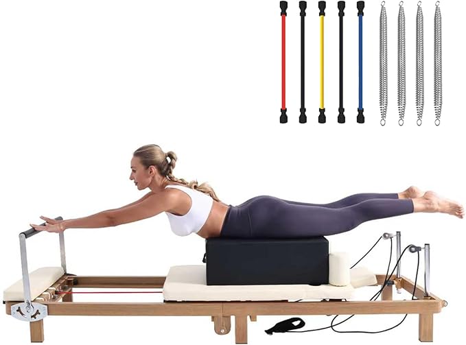 Foldable Pilates Reformer & Pilates Square Box Set–90% Pre-Assembled Home Gym Women Men Workouts Bundle, Dual Resistance System (Springs + Latex), Jumpboard & Adjustable Foot Bar for All Levels