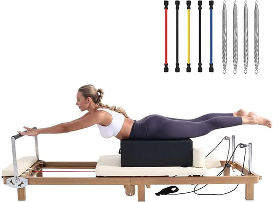 Foldable Pilates Reformer & Pilates Square Box Set–90% Pre-Assembled Home Gym Women Men Workouts Bundle, Dual Resistance System (Springs + Latex), Jumpboard & Adjustable Foot Bar for All Levels