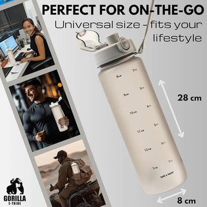 Black Water Bottle Time Marker (32oz) - Daily Intake Tracking - BPA Free & Leak Proof Protein Shake Bottle - Ideal for Gym, Office, School & Hiking