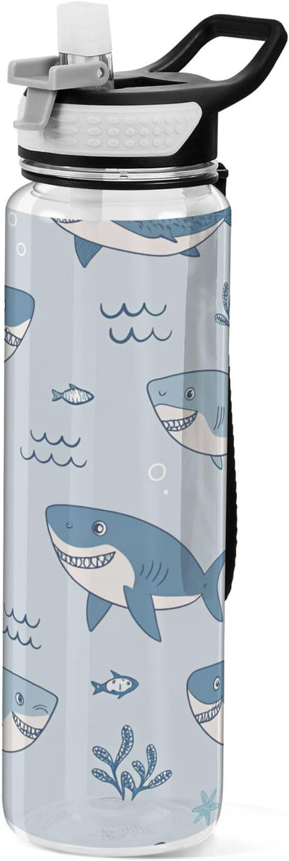 Burbuja Cute Cartoon Sharks 32 oz Water Bottle with Straw Lid, Leakproof & BPA Free Tritan Bottle for Gym Fitness Outdoor Sports