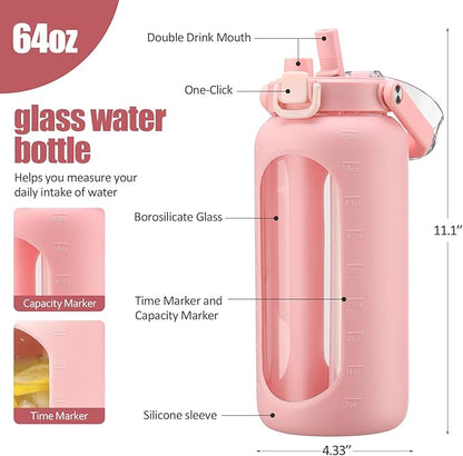 BLUEGO 64oz Glass Water Bottle with Handle and Straw, Motivational Sports Water Bottle with Time Marker and Silicone Sleeve Leakproof Drinking Bottle for Travel Gym Workout, Pink