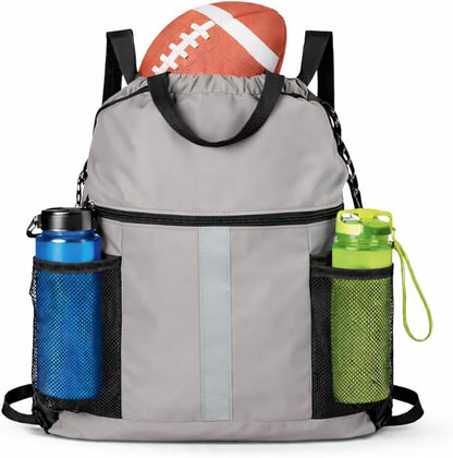 PPZ Drawstring Sports Backpack with Side Mesh Pockets, Lightweight Gym & Travel Bag with Water Bottle Holders for Fitness, Outdoor Activities and Daily Use – Gray