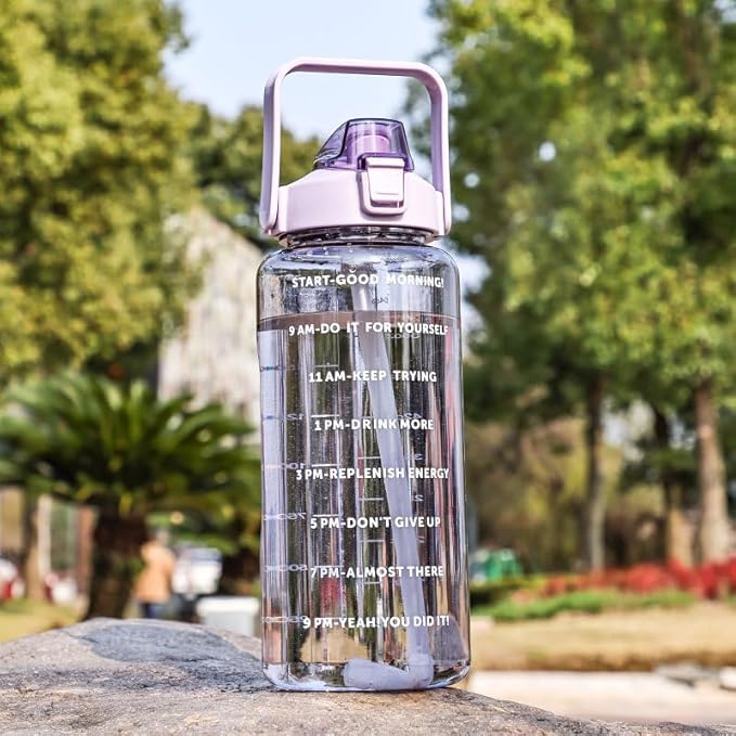 Large Capacity 2L Sports Water Bottle with Straw, Portable and Leakproof, Featuring Time Marker-Pe