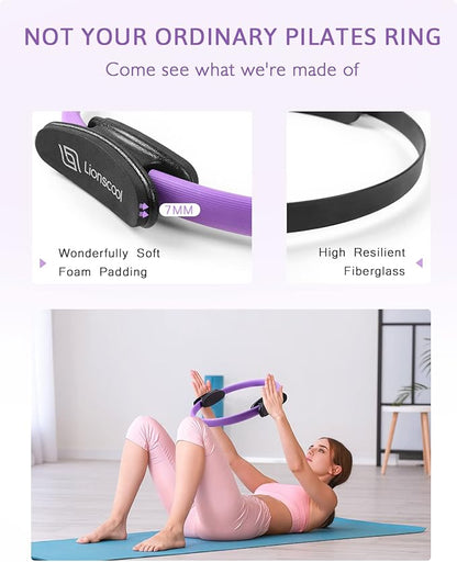 LIONSCOOL Pilates Ring Set – 14" Anti-Deformation Magic Circle with Padded Handles, Mini Ball, Resistance Bands, Guide & Bag