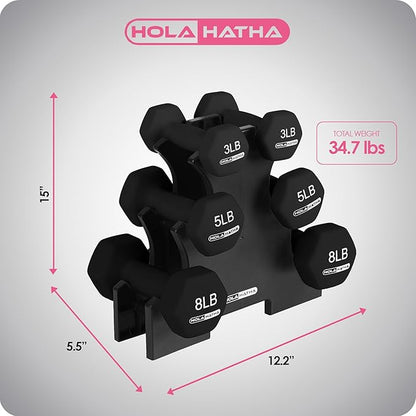 HolaHatha 2, 3, 5, 8, and 10 Pound Neoprene Dumbbell Free Hand Weight Set with Rack, Ideal for Home Exercises to Gain Tone and Definition, Pastel