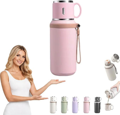 2 In 1 Stainless Steel Vacuum Insulated Bottle with Lidded Cup, Insulated Tumblers with Handles, Leakproof Large Capacity Water Bottle, Keeps Drinks Hot & Cold for Travel, Gym, School (Pink)