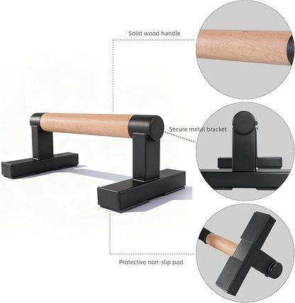 1 Pair Wooden Parallettes Push Up Bars for Men, Strength Training Pushup Stands Handles for Home Calisthenics, Fitness, Floor Workouts Bars Solid Wood with Metal Bracket - Support 600 lbs