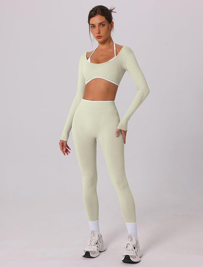ABOCIW Workout Sets for Women Long Sleeve Crop Top Scrunch Butt Lifting High Waist Leggings 2 Piece Gym Yoga Outfits