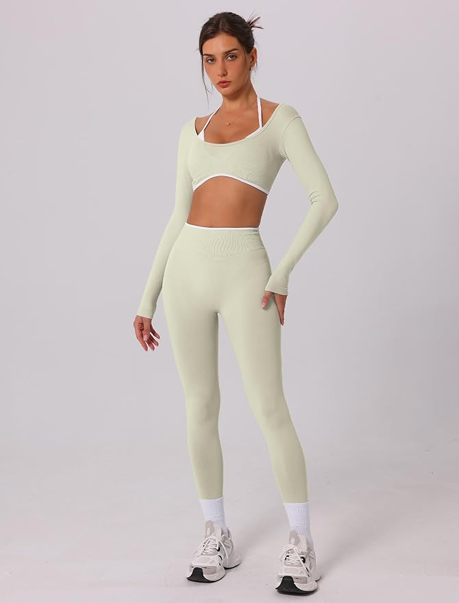 ABOCIW Workout Sets for Women Long Sleeve Crop Top Scrunch Butt Lifting High Waist Leggings 2 Piece Gym Yoga Outfits
