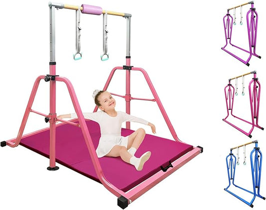 Foldable & Moveable Gymnastics Horizontal Bar with Rings,3’to 5’Adjustable Height Expandable Junior Kip Bar for Home,Indoor Gym Equipment for Kids