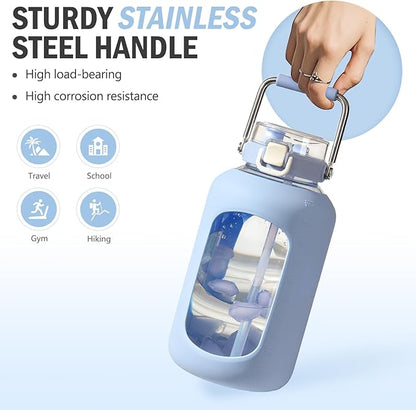 BLUEGO 100 oz Glass Water Bottle with Straw, Huge 3 Liter Water Bottle with Sturdy Handle, Glass Water Jug with Sleeve, Wide Mouth Water Container with Time Marker, Blue