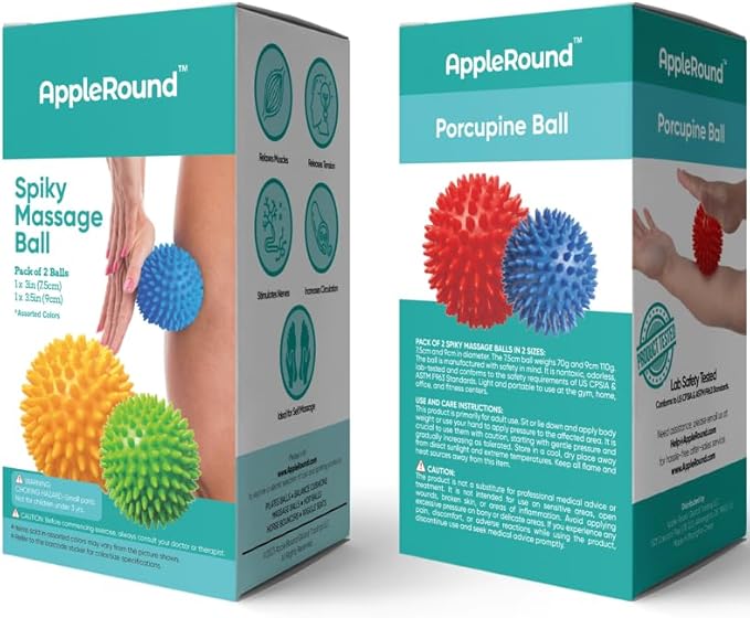 AppleRound Spiky Massage Balls, 7.5 cm & 9 cm Combo Pack, Stress Reflexology, Muscle Therapy, Tension Relief, Porcupine Sensory Ball Set (2, Count)