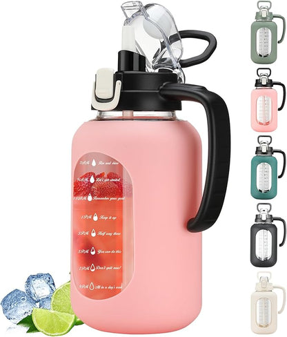 64 oz Glass Water Bottle with Handle and Straw Large 2L Water Bottle with Time Markers and Silicone Sleeve Half Gallon Water Jug BPA Free for Gym Daily Use
